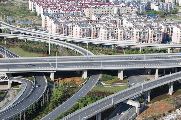 Shanghai elevated road junction and interchange overpass at night