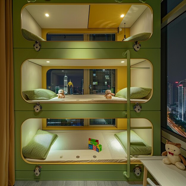 Photo shanghai highrise bedroom light green or yellow loft beds with plush toys and cityscape view