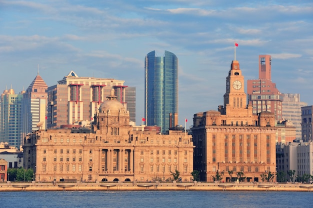 Shanghai historic and urban buildings over Huangpu River in the morning with blue sky.