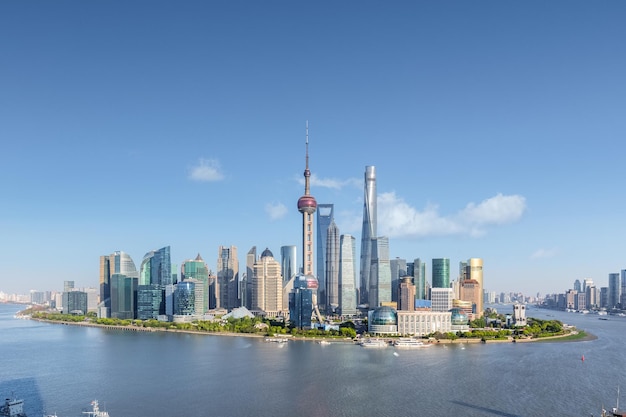 Shanghai skyline in sunny sky beautiful cityscape of pudong financial center