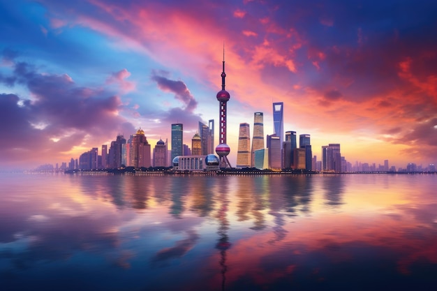 Shanghai skyline at sunset with reflection in Huangpu river Shanghai skyline panorama with the Huangpu river China AI Generated