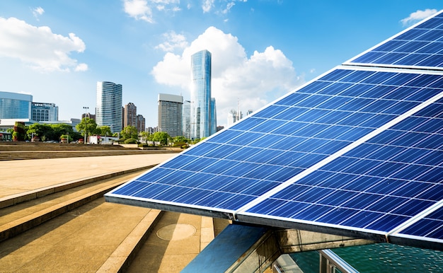 Shanghai urban landscape, landmarks and solar panels