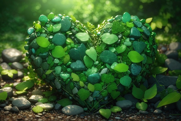 the shape of a green heart of leaves and stones ai generative