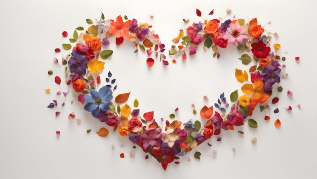 The shape of a heart drawn with a multitude of leaves and colorful flowers on a white background