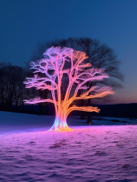 Shaped tree in the middle of a snowy landscape made out of neon light Population Day generative ai