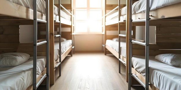 Shared Accommodation in a Hostel Dorm Room with Bunk Beds Concept Budget Travel Hostel Stay Shared Accommodation Bunk Beds