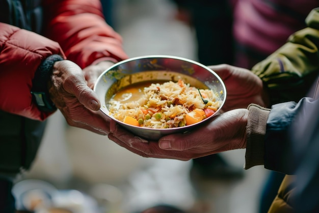 Sharing a Warm Meal Hands Exchanging Food Bowl in Charity Event