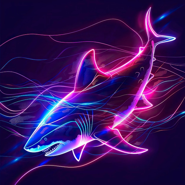 Photo shark abstract background with a glowing neon light shark drawing