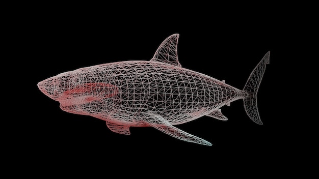 Photo a shark on a black uniform background. constructor of polygonal elements. art of the wild animal world in modern performance. 3d rendering.