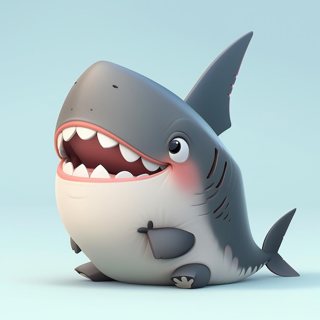 Shark character showing teeth on light blue background