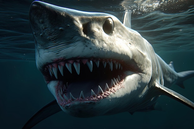 Shark coming to you open mouth jaws underwaterillustration generative ai