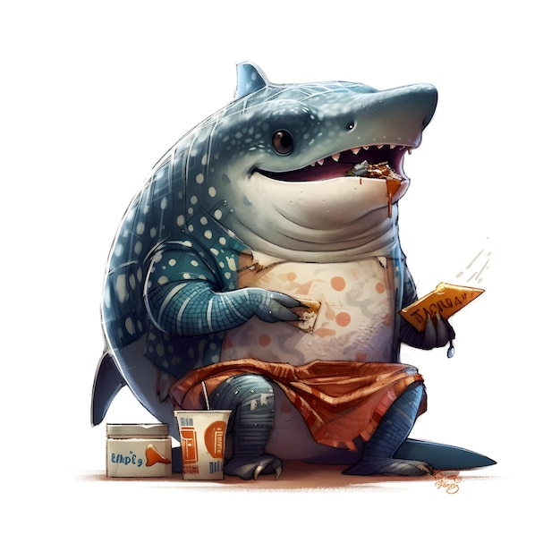 A shark is eating a muffin and has a bucket of paint on his arm.