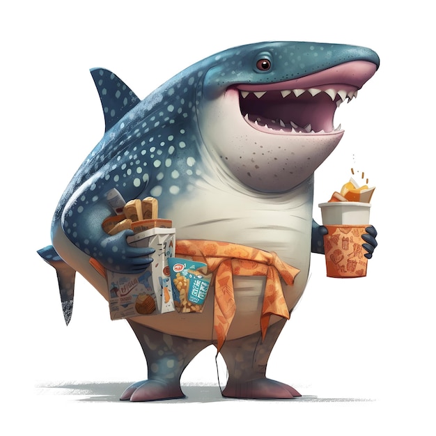 A shark is holding a cup of coffee and a drink.