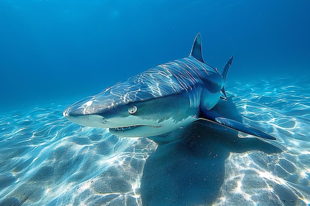 a shark is swimming in the water with its mouth open