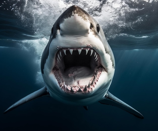 A shark is swimming under the water with its mouth open.