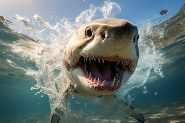 Shark jumps out of water looking at camera against a pure background captivating image