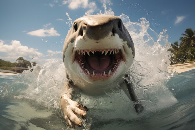 Shark leaping towards camera against clear background creating a striking visual impact