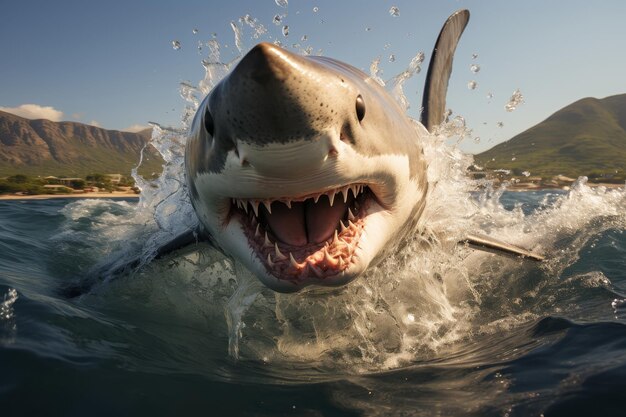 Shark leaps from water gazes at camera against clear background capturing striking image