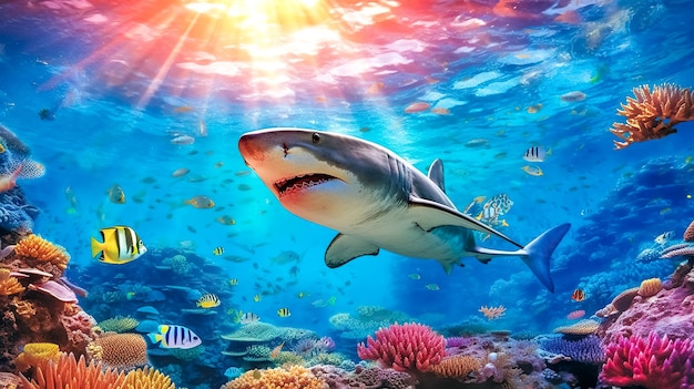 Shark in ocean waters aquatic predator in a colorful coral reef made with Generative AI