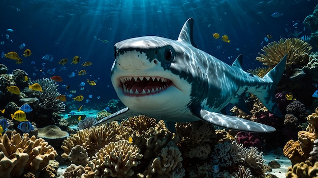 Shark patrolling a colorful coral reef generated by AI