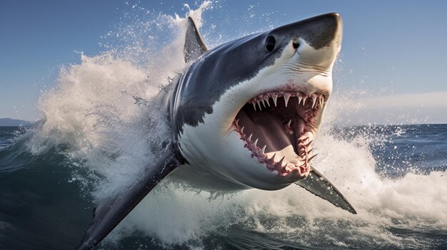 The shark seen from the front with its mouth open and sharp teeth visible stirs the sea water