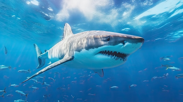 A shark swimming in the ocean with a camera on the bottom.