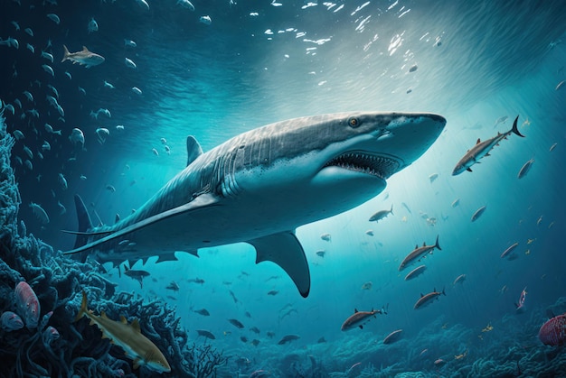 A shark swimming in the ocean with a fish in the background.