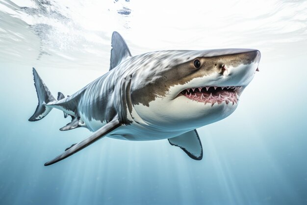 Shark swimming towards camera in clear water on white backdrop for captivating underwater shot