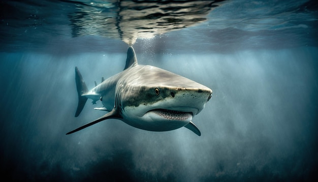 A shark swimming in the water with the light shining on it.