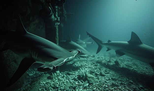 Photo a shark swimming in the water with a shark in the background