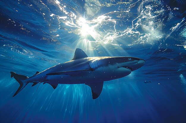 Photo a shark swimming in the water with sun shining on the surface