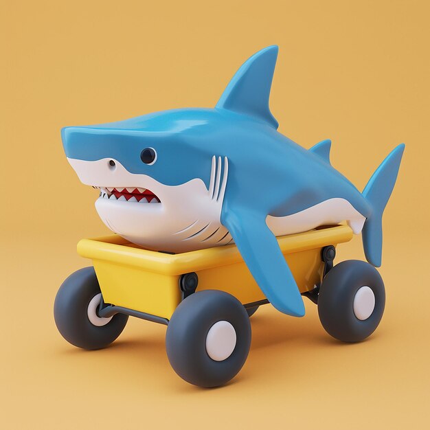 Photo a shark toy is on a yellow trailer with a shark on the back