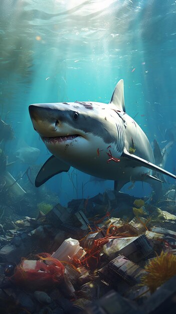 Shark and Trash Underwater Scene