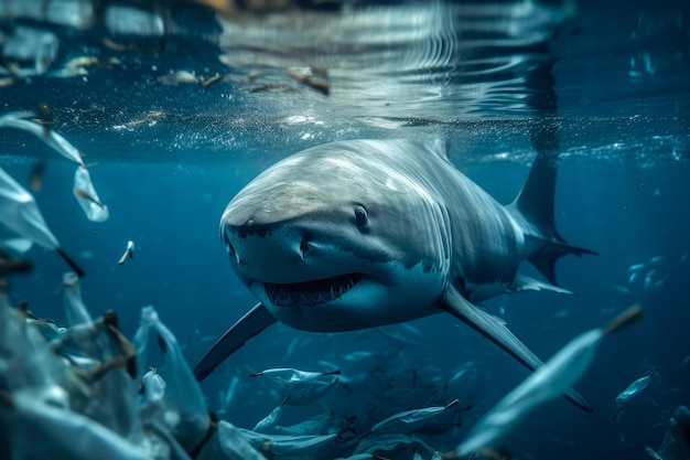 A shark in the water with trash in the background