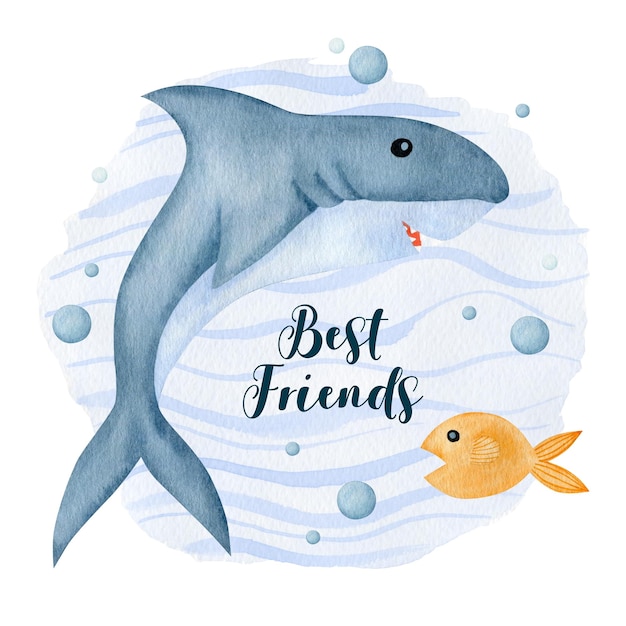 Shark watercolor illustration birthday invitation card