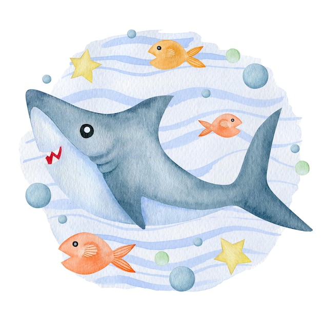 Shark watercolor illustration birthday invitation card