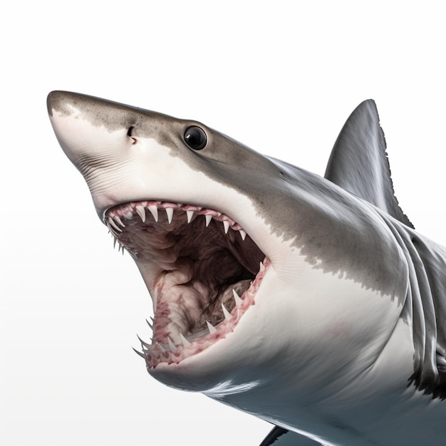 A shark with its mouth open and a white background.