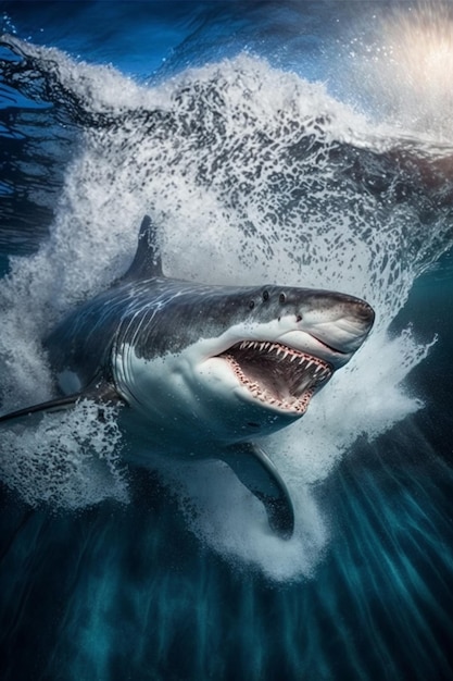 Shark with open mouth in the ocean water spray generative ai