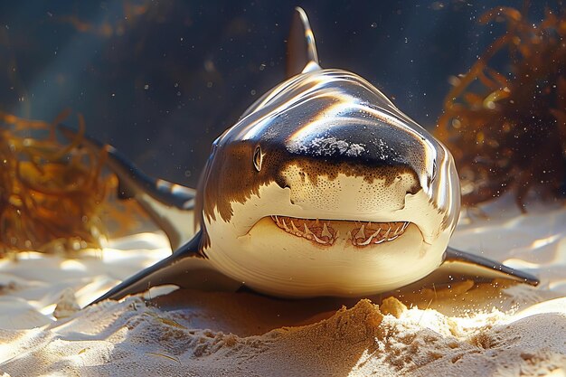 a shark with a shark on its mouth is shown in the background