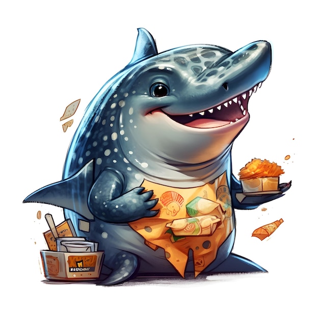 A shark with a shirt eating fast food