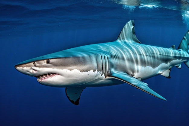 a shark with a white nose and a large white shark in the water