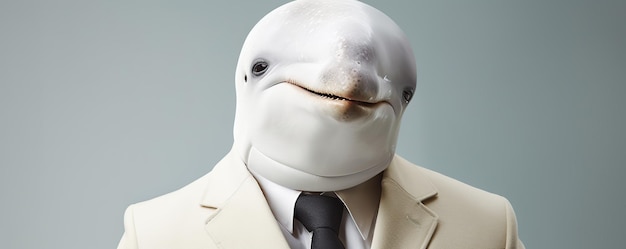 a shark with a white shirt and tie on it is wearing a suit and tie