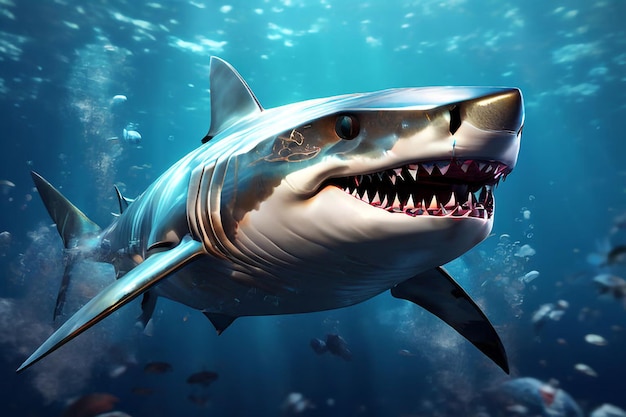 a shark with white teeth is swimming in the water