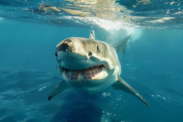 a shark with the word shark on its face is in the water