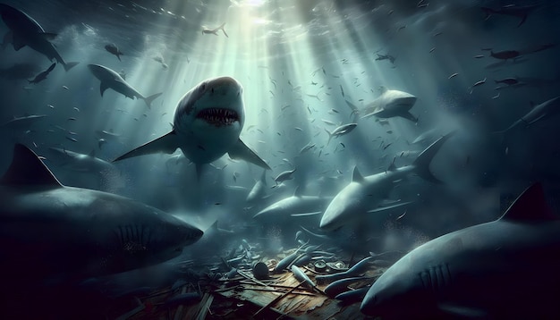 Sharks Swimming Through Sunlit Waters Near Sunken Ship Debris in a Deep Ocean Setting