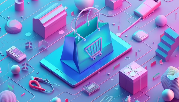 Photo sharp 3d vector isometric illustration of an online shop concept with a shopping bag and a pc mouse