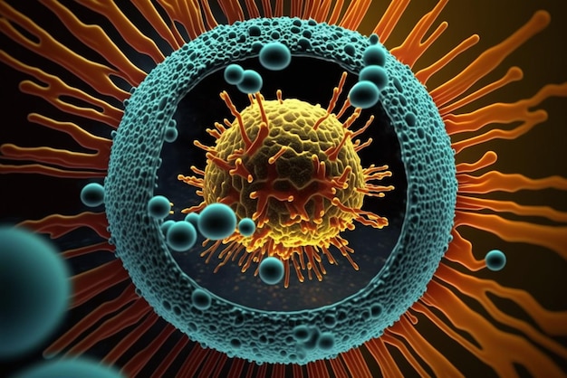 Sharp and detailed closeup of a virus particle invading a host cell