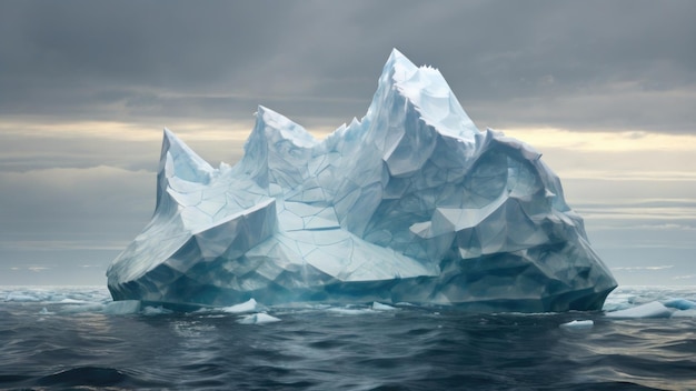 The sharp edges and angular formation of this polygonal iceberg in the ocean evoke a sense of