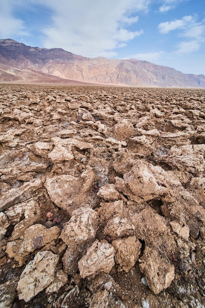 Sharp and eroded salt formations in salt flats of Death Valley