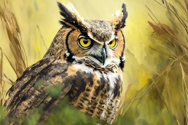 Sharp eyed Great Horned Owl in Daylight Meadow in Background Close Up